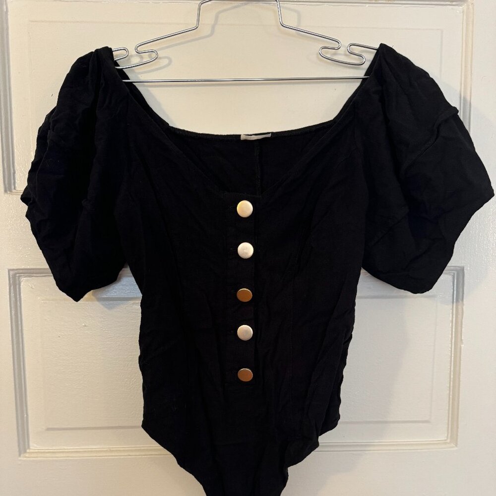 Boho Coquette Goth INTIMATELY FREE PEOPLE Black Bodysuit w/ Puff Sleeves - M